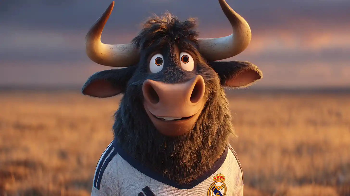 Smiling Spanish bull in Real Madrid shirt at sunset