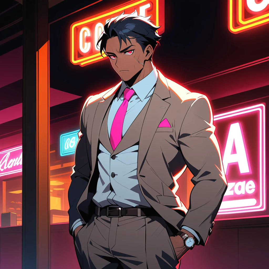 Scarred man in grey suit standing in restaurant lobby