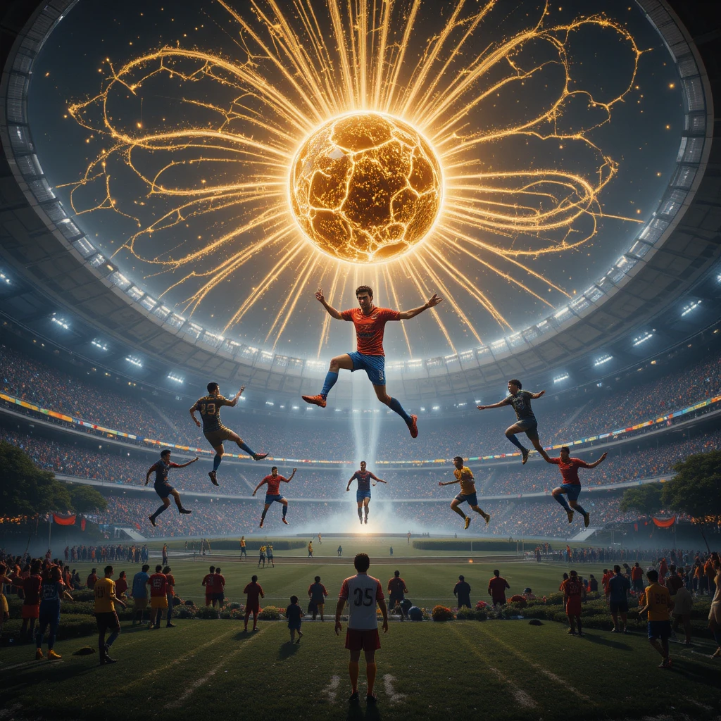 Glowing Soccer Ball Above Futuristic Fantasy Stadium
