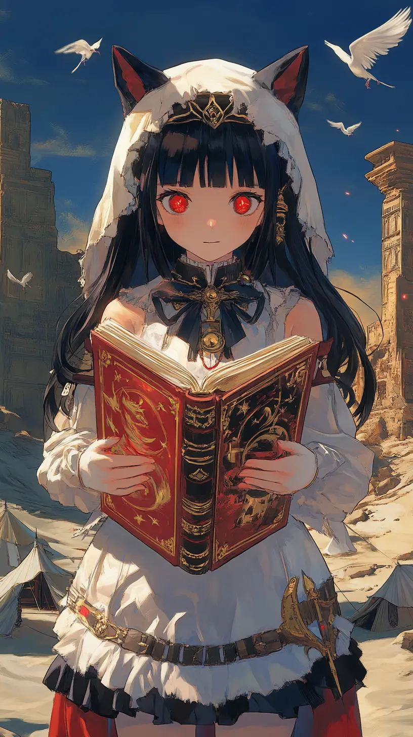 Girl with demonic book before ruined castle at dusk