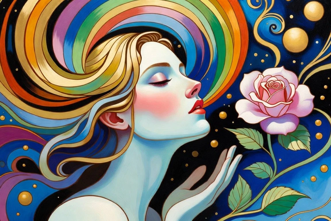 Dreamlike portrait of a serene woman with rainbow hair