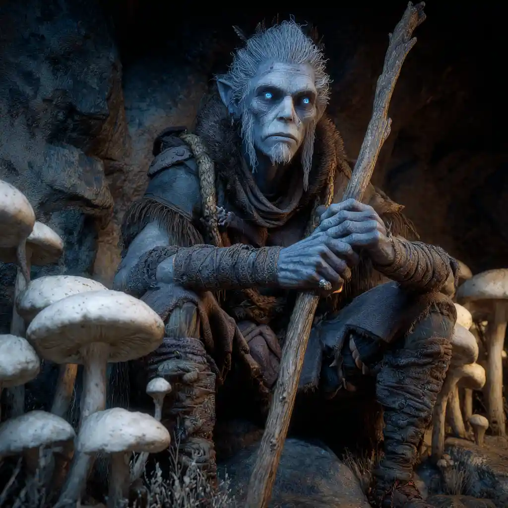 Druida de fantasia sombria com cajado em caverna sombria