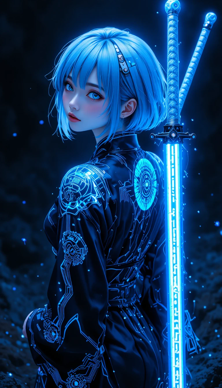 Cyber girl with glowing katana and electric blue gaze