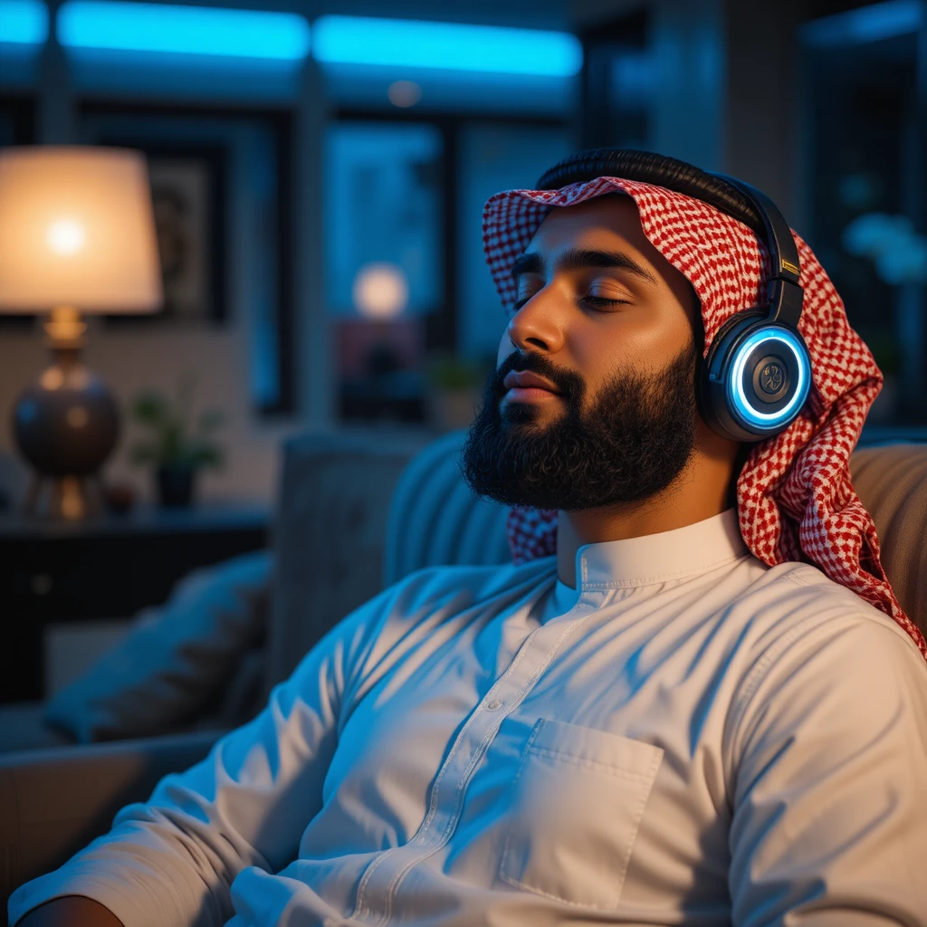 Man in white thobe relaxing with headphones at night
