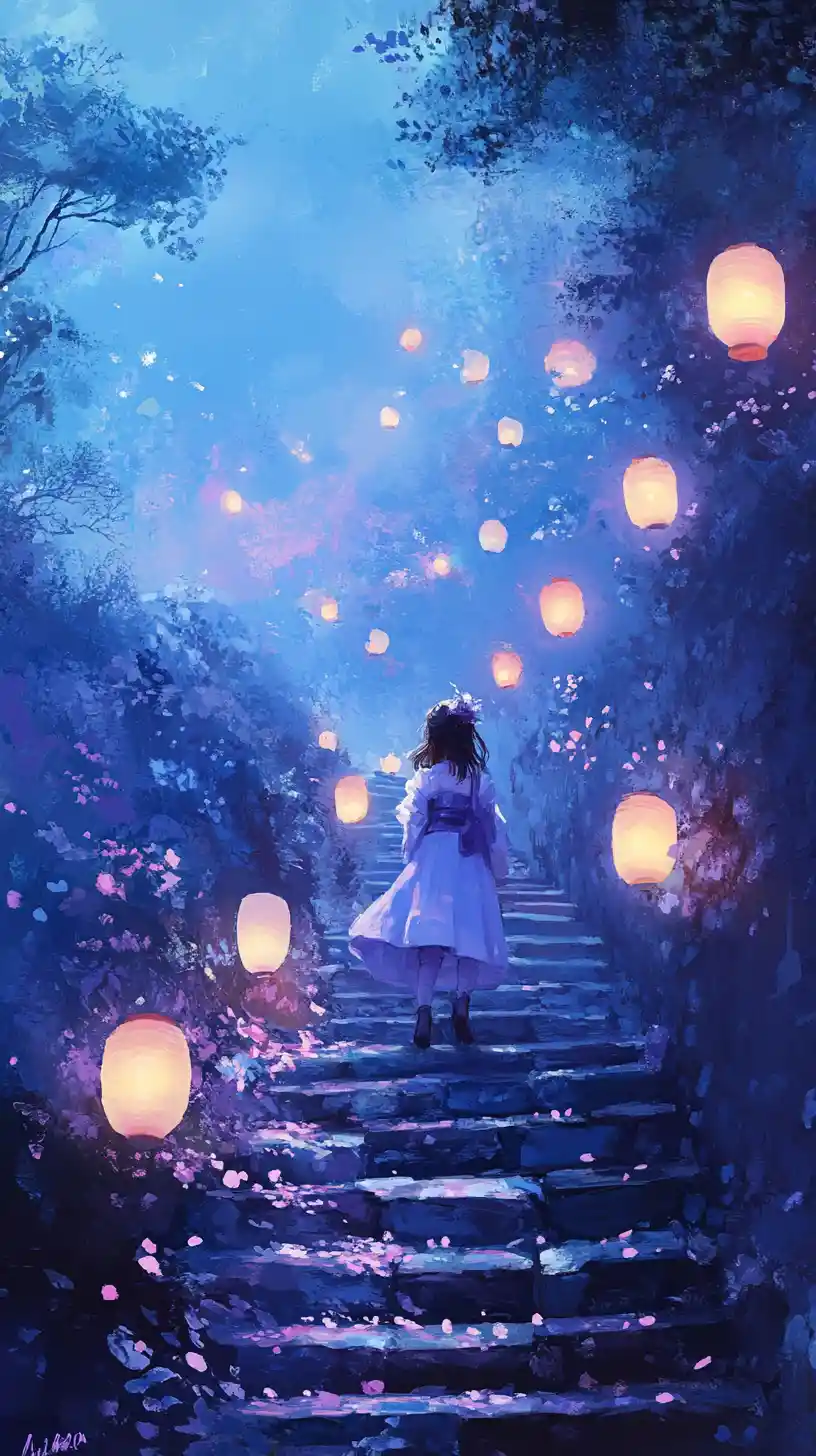 Young girl in hanbok on lantern lit stone staircase
