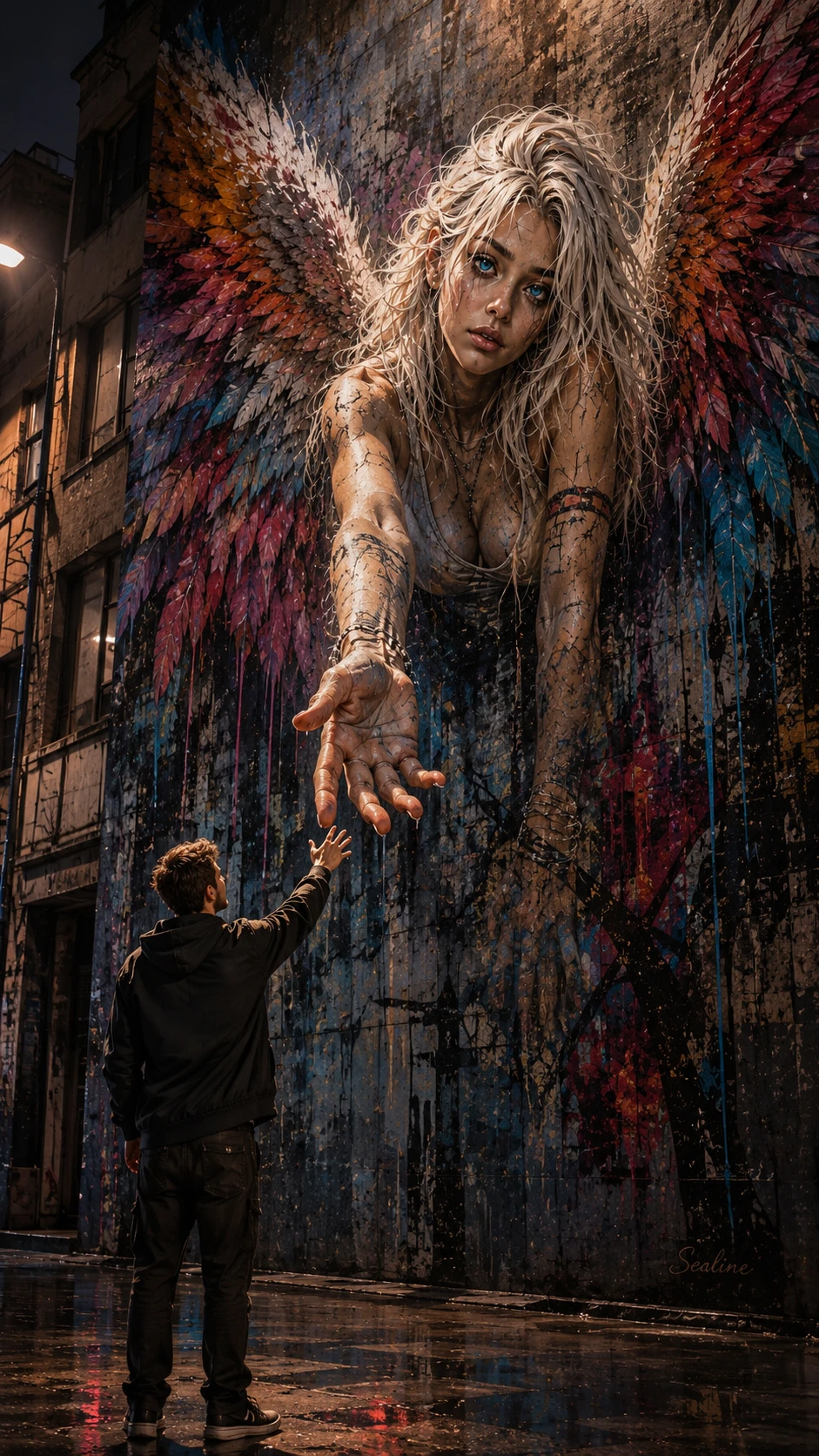 Angel graffiti reaching toward a man on the street