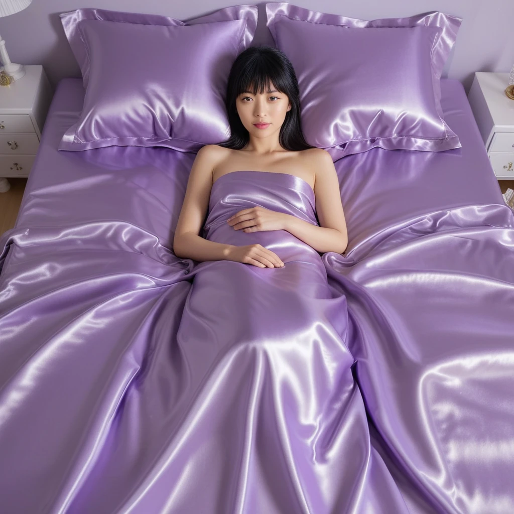 Japanese woman lying on light purple satin bed sheets