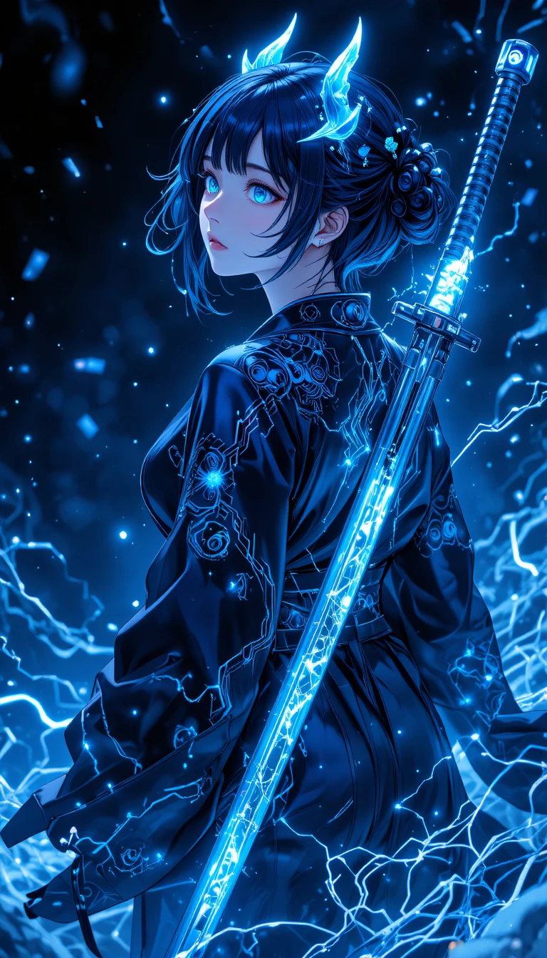 Cyber anime woman with celestial katana and glowing eyes