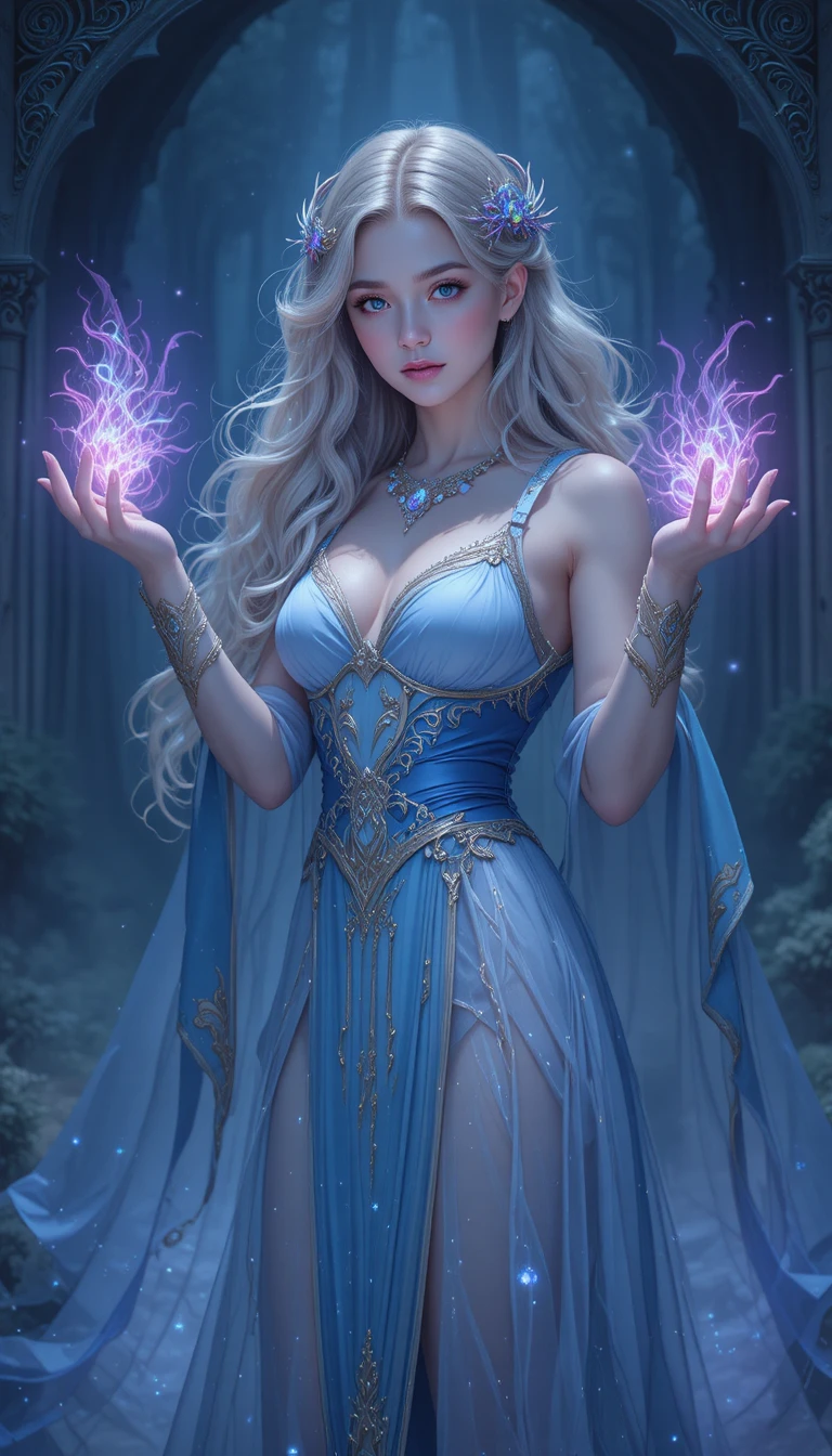 Young space witch with violet eyes casting glowing magic
