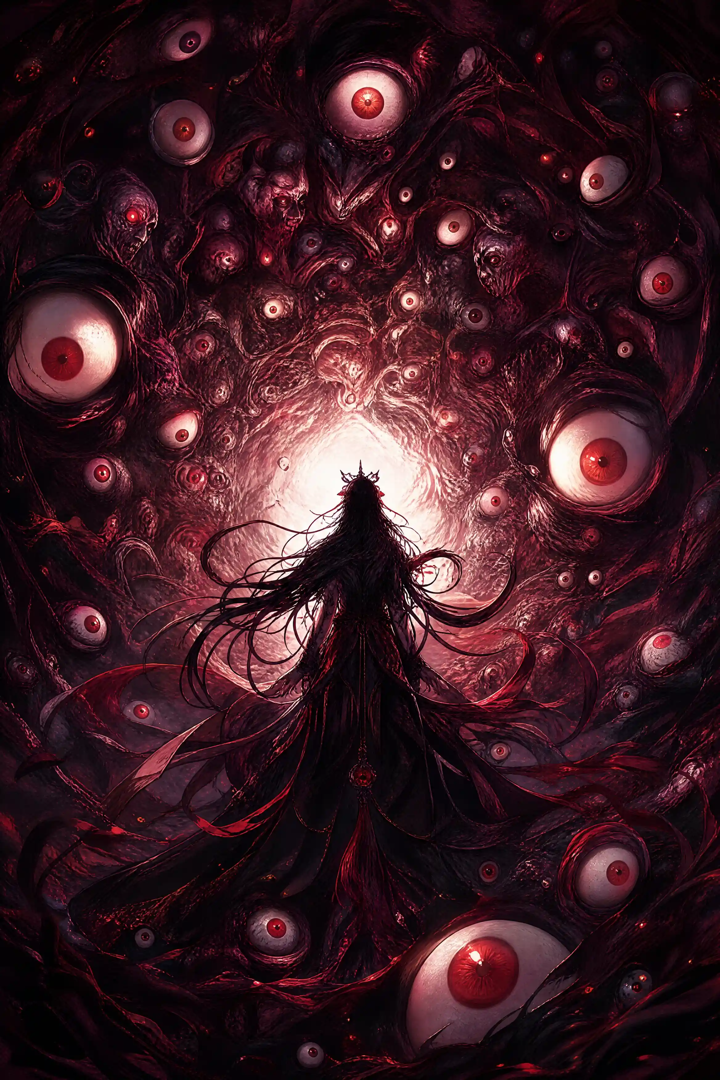 Solitary figure before a vortex of watching eyes