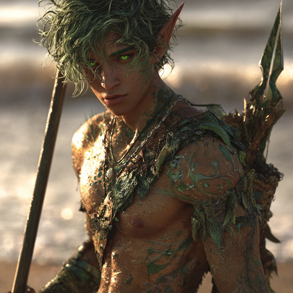 Ocean elf warrior with green hair and sun kissed skin