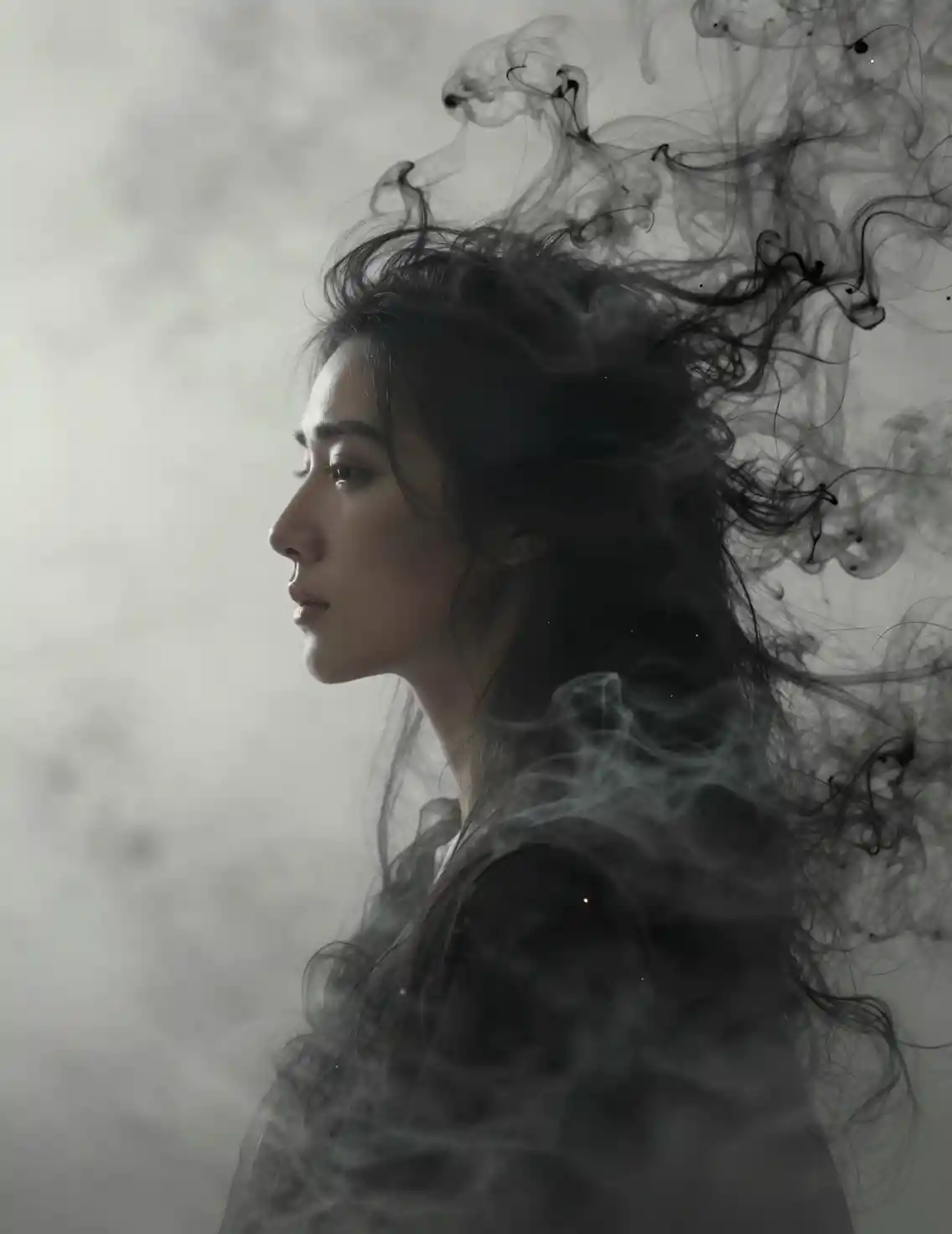 Side profile smoke wraith woman in cold cinematic portrait