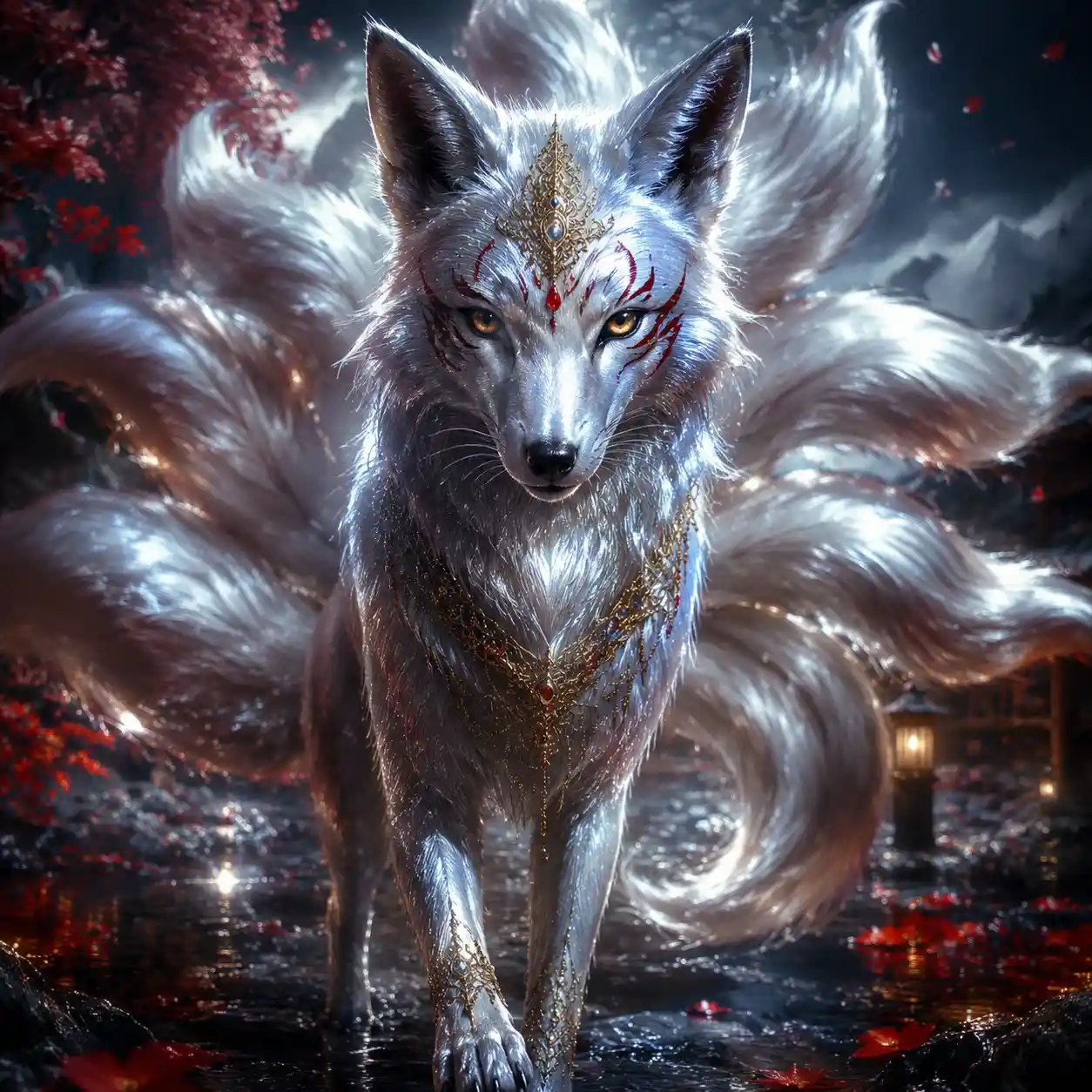 Silver kitsune fox facing forward in fantasy light