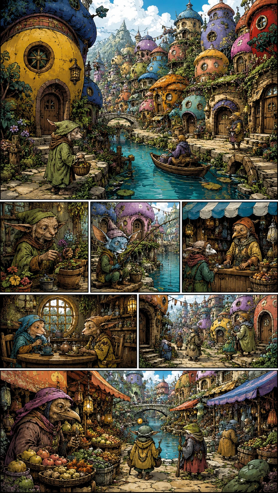 Colorful fantasy village with mystical creatures and canals