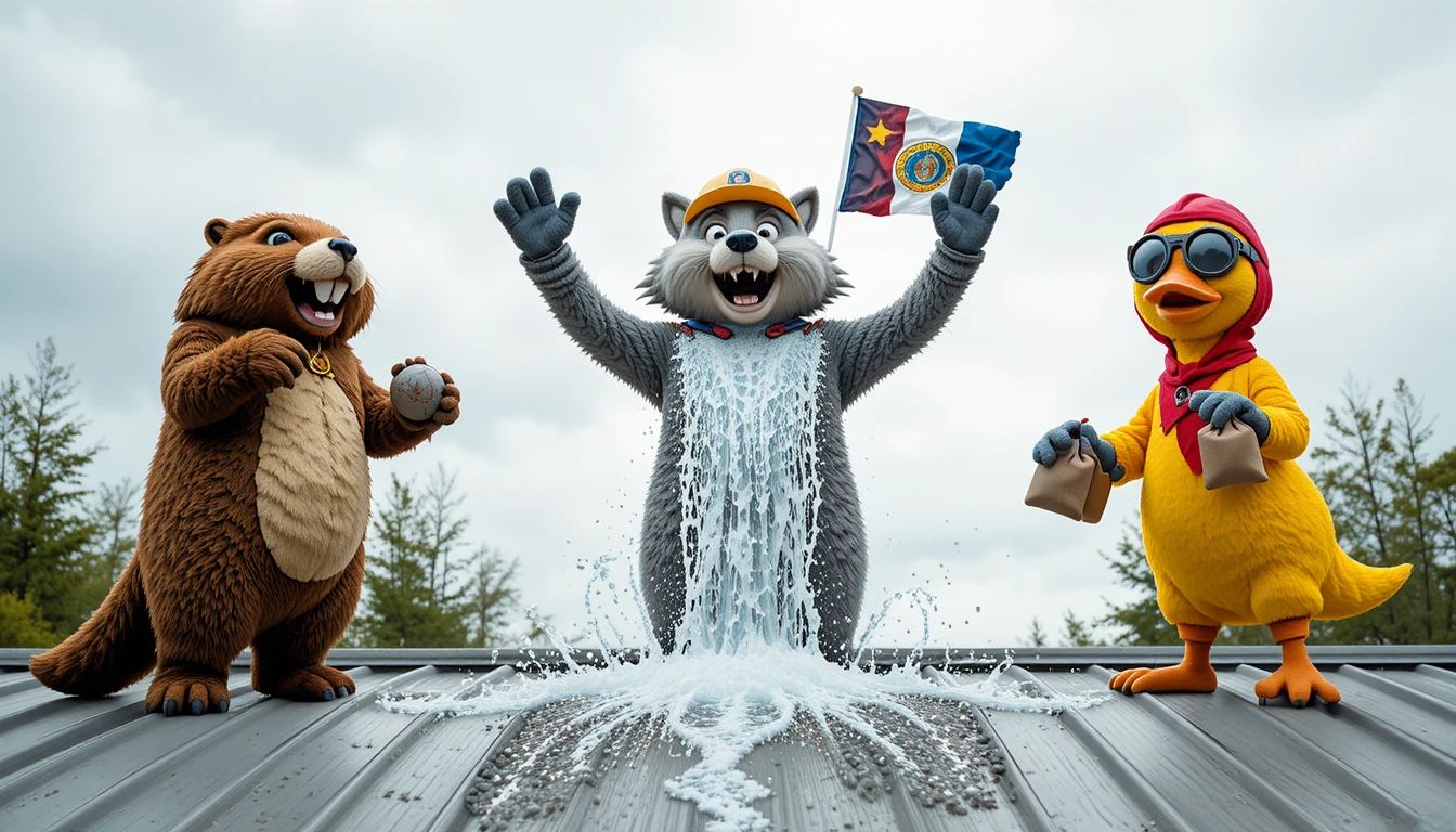 Three animal mascots celebrating on a metal rooftop