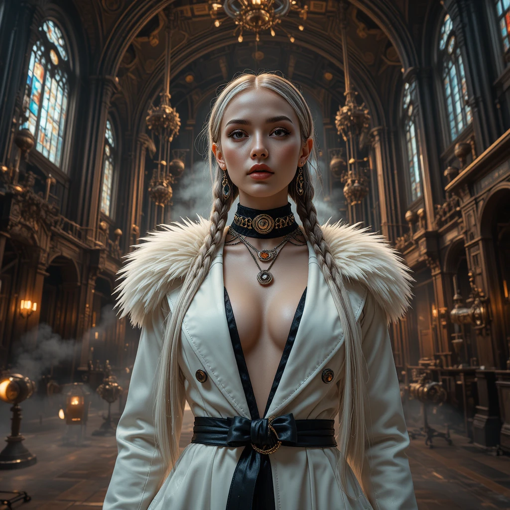 Cyberpunk fashion woman in steampunk cathedral studio
