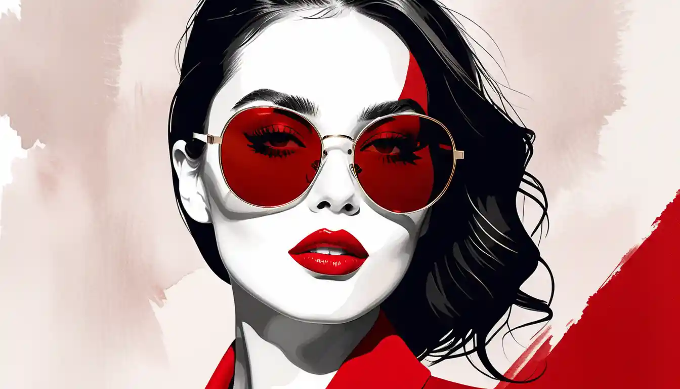 Close up fashion portrait with red lips and sunglasses