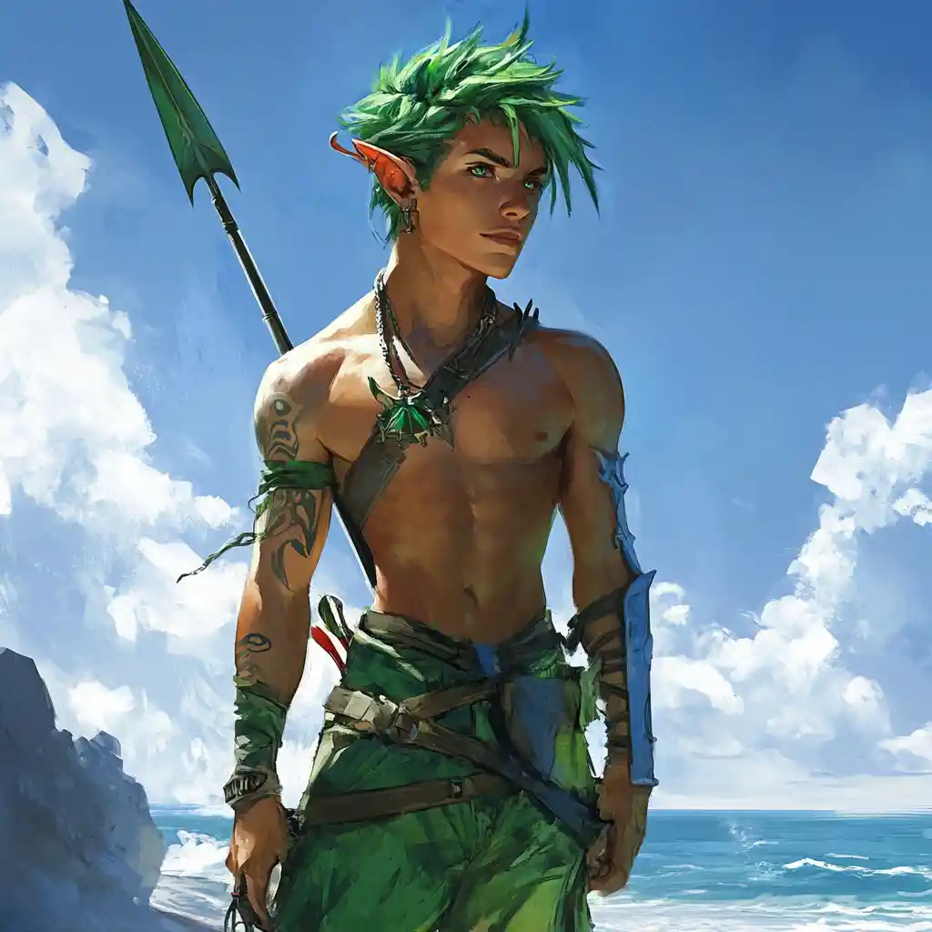 Ocean elf warrior with green hair and spear