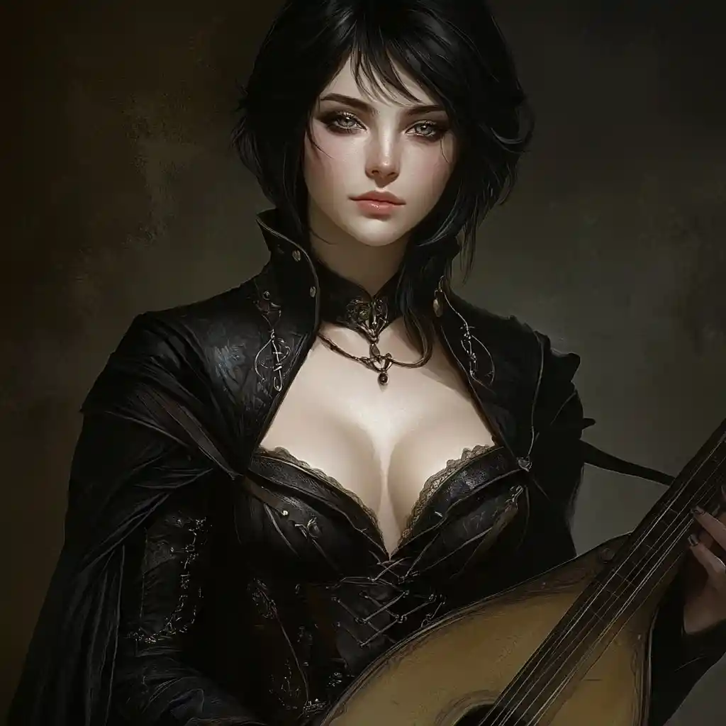 Dark fantasy bard woman with silver eyes and lute