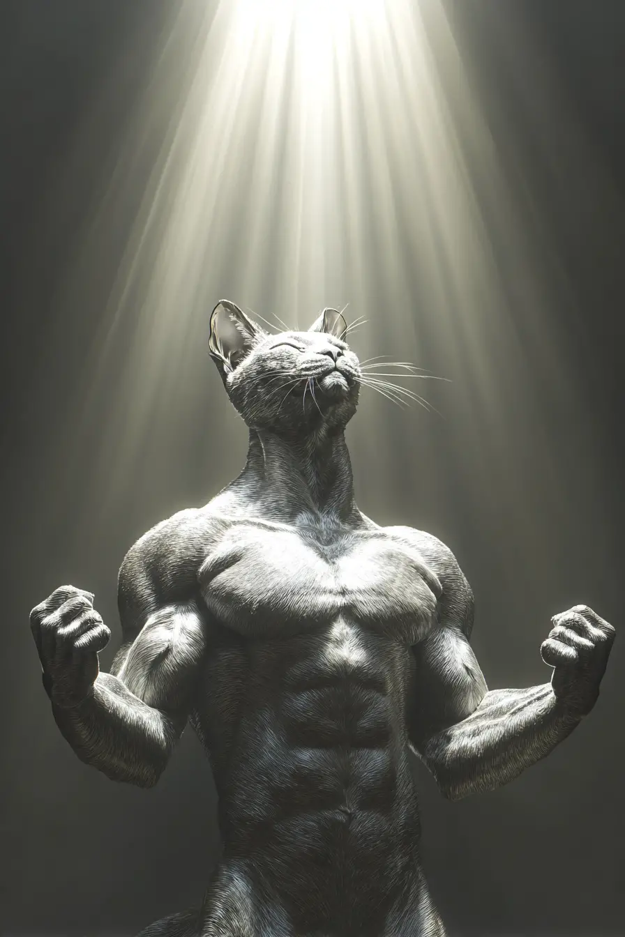 Muscular magical cat glowing with ancient star fed power