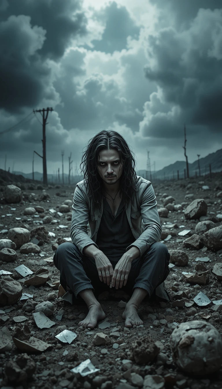 Troubled man sitting alone in a desolate landscape