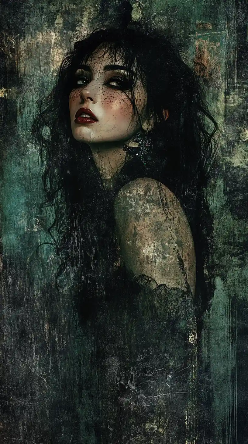 Alluring fantasy woman in grunge style against dark background