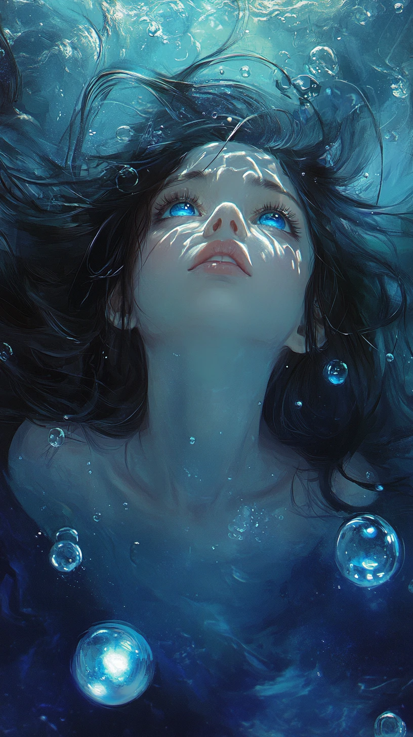 Ethereal anime girl in a luminous aquatic void