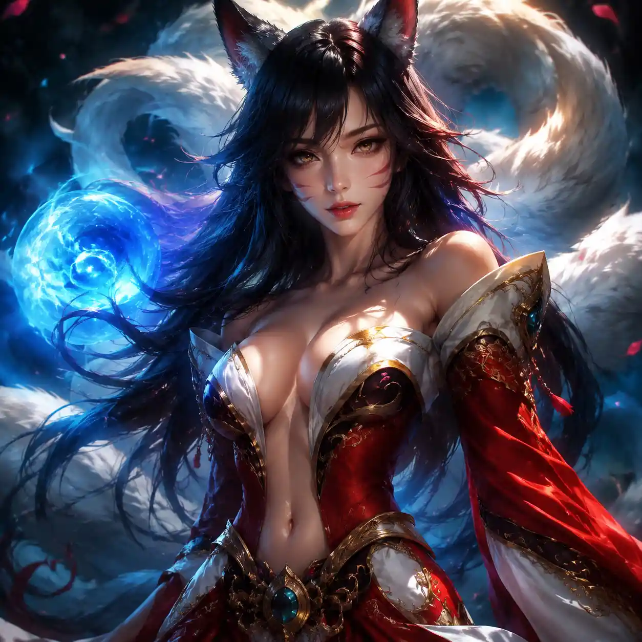 Powerful fantasy heroine facing forward in dramatic light