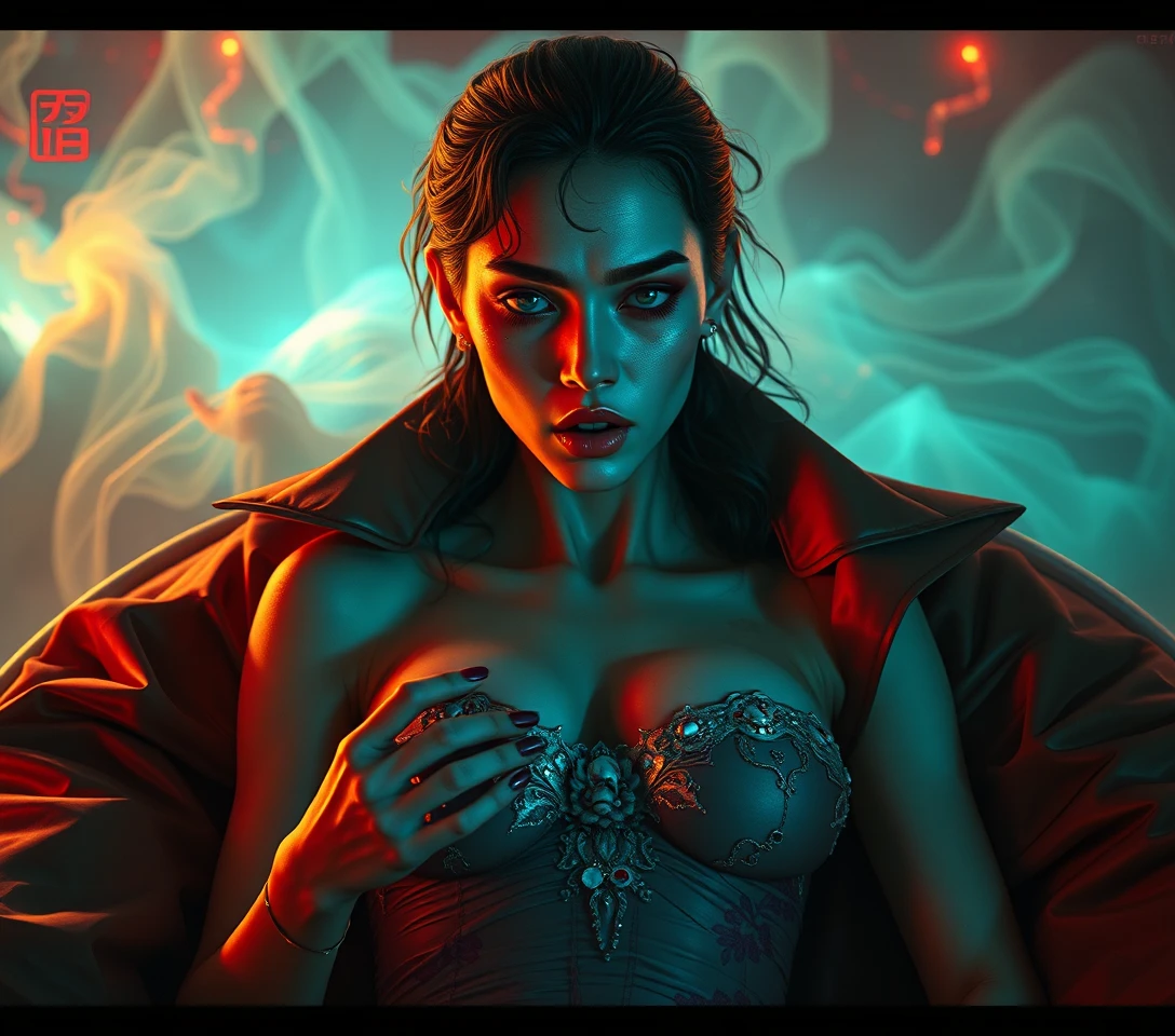 Surreal pop portrait mixing humor horror and sensual elegance
