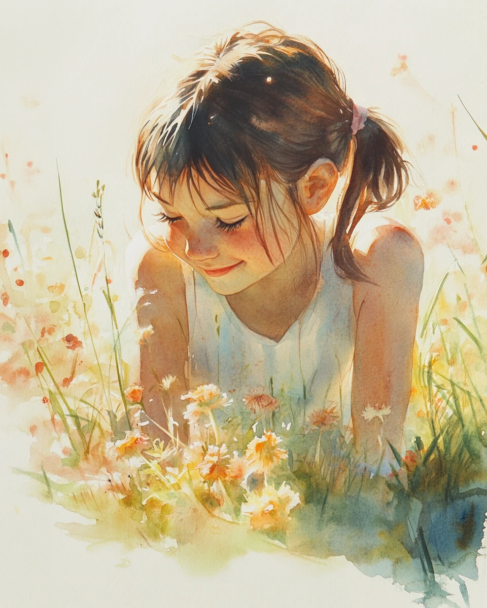 Smiling girl with summer flowers in soft watercolor light