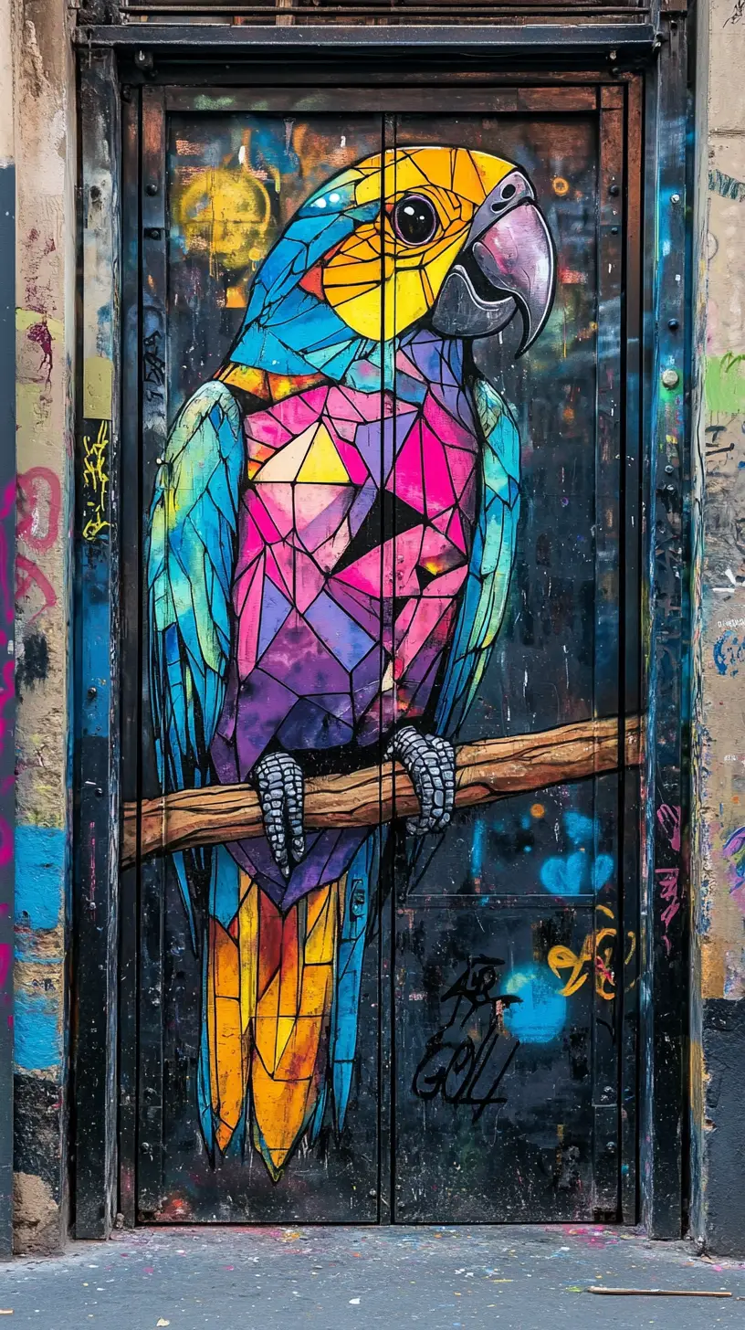 Colorful parrot mural on urban metal doors with graffiti