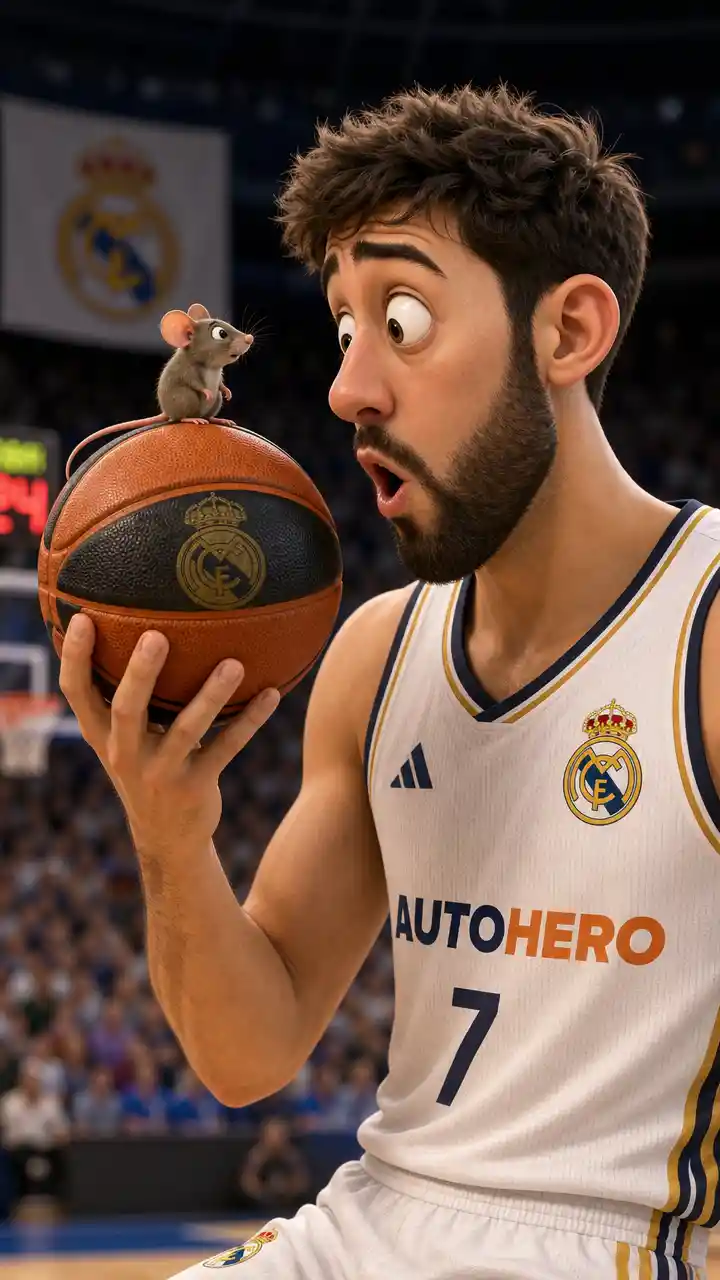 Cartoon basketball player staring amazed at a tiny mouse