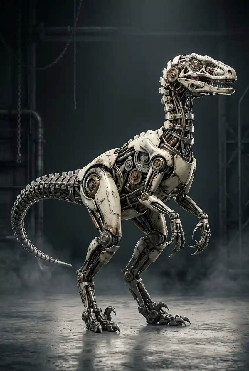 Biomechanical velociraptor in dark industrial studio portrait
