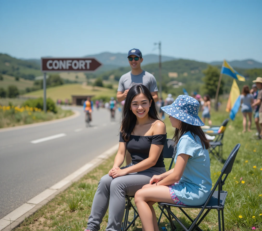 Family sitting roadside at a sunny rural cycling event