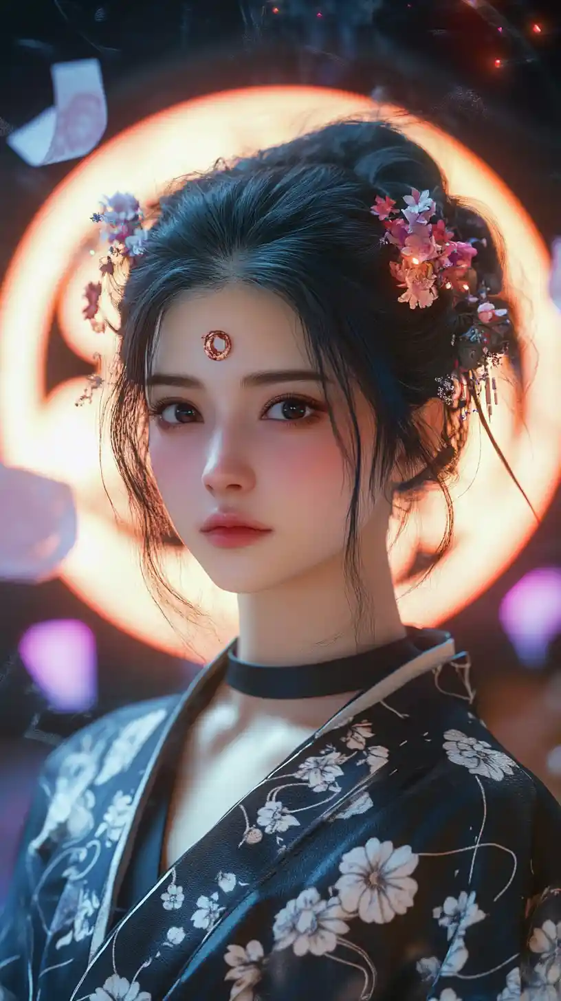 Mistica donna anime in un'aura fantasy colma di talismani