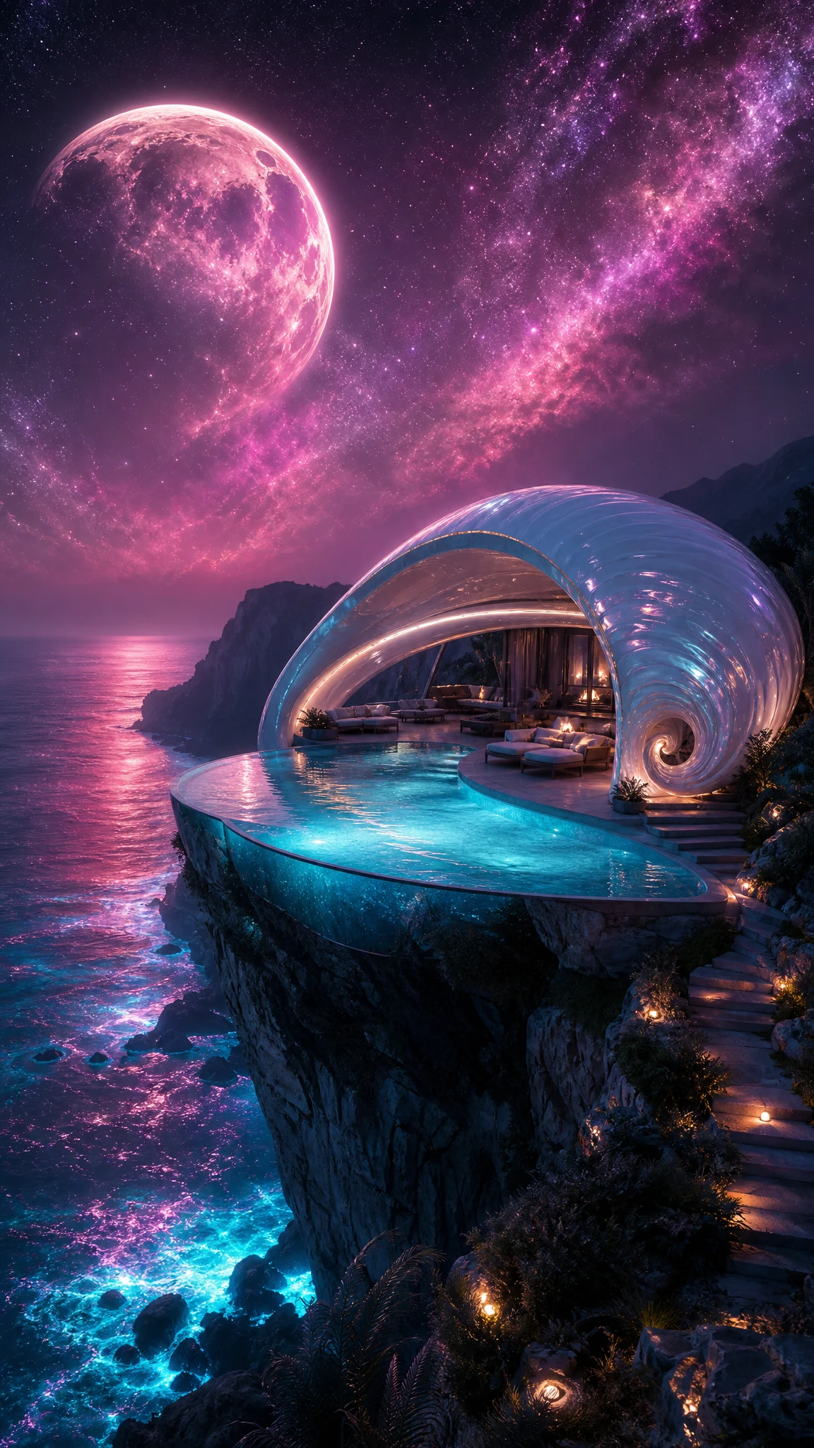 Futuristic cliffside lanai with glowing infinity pool at night