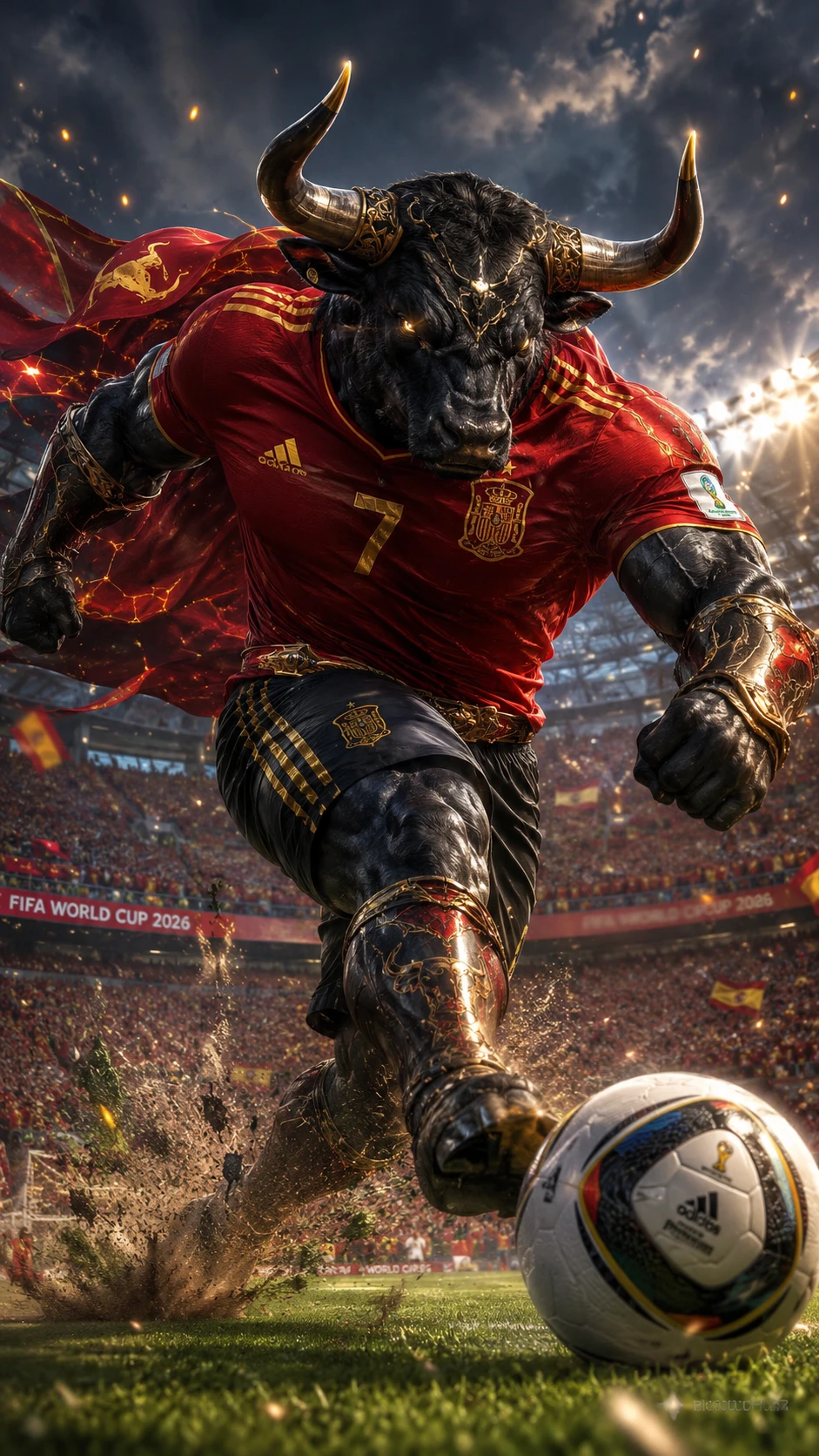 Taurus bull warrior kicking a football in world cup stadium