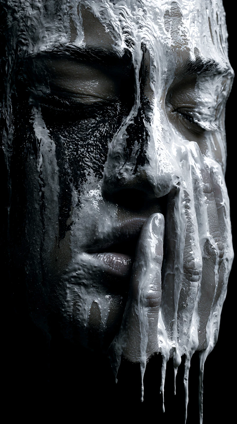 Close up portrait with dripping white liquid on face