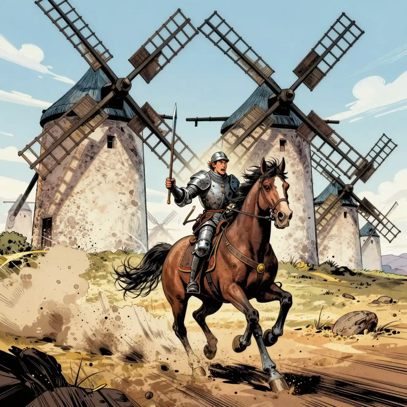 Ritter, der im Comic-Stil auf riesige Windmühlen zustürmt
