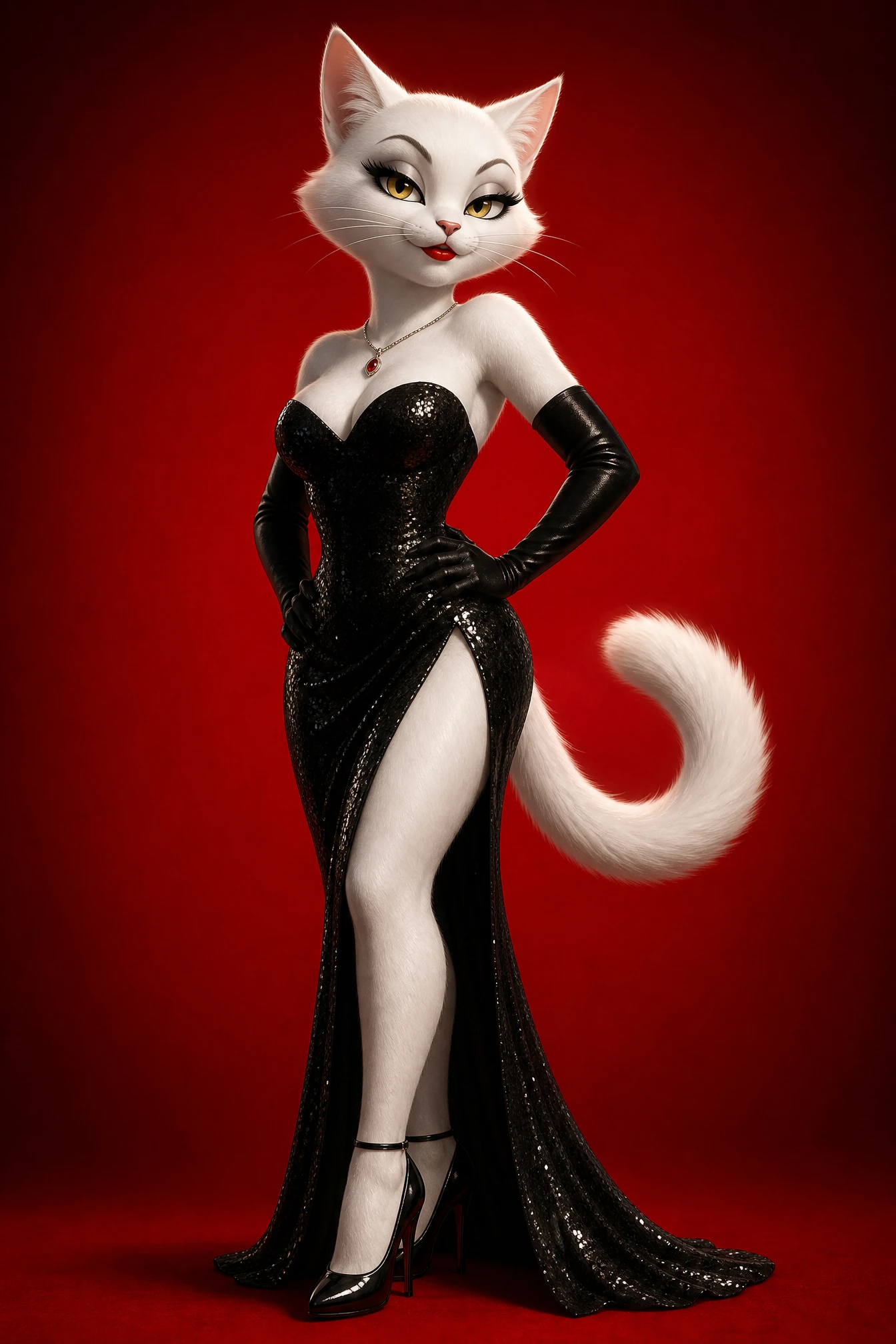 Elegant anthropomorphic cat woman in a black sequin gown