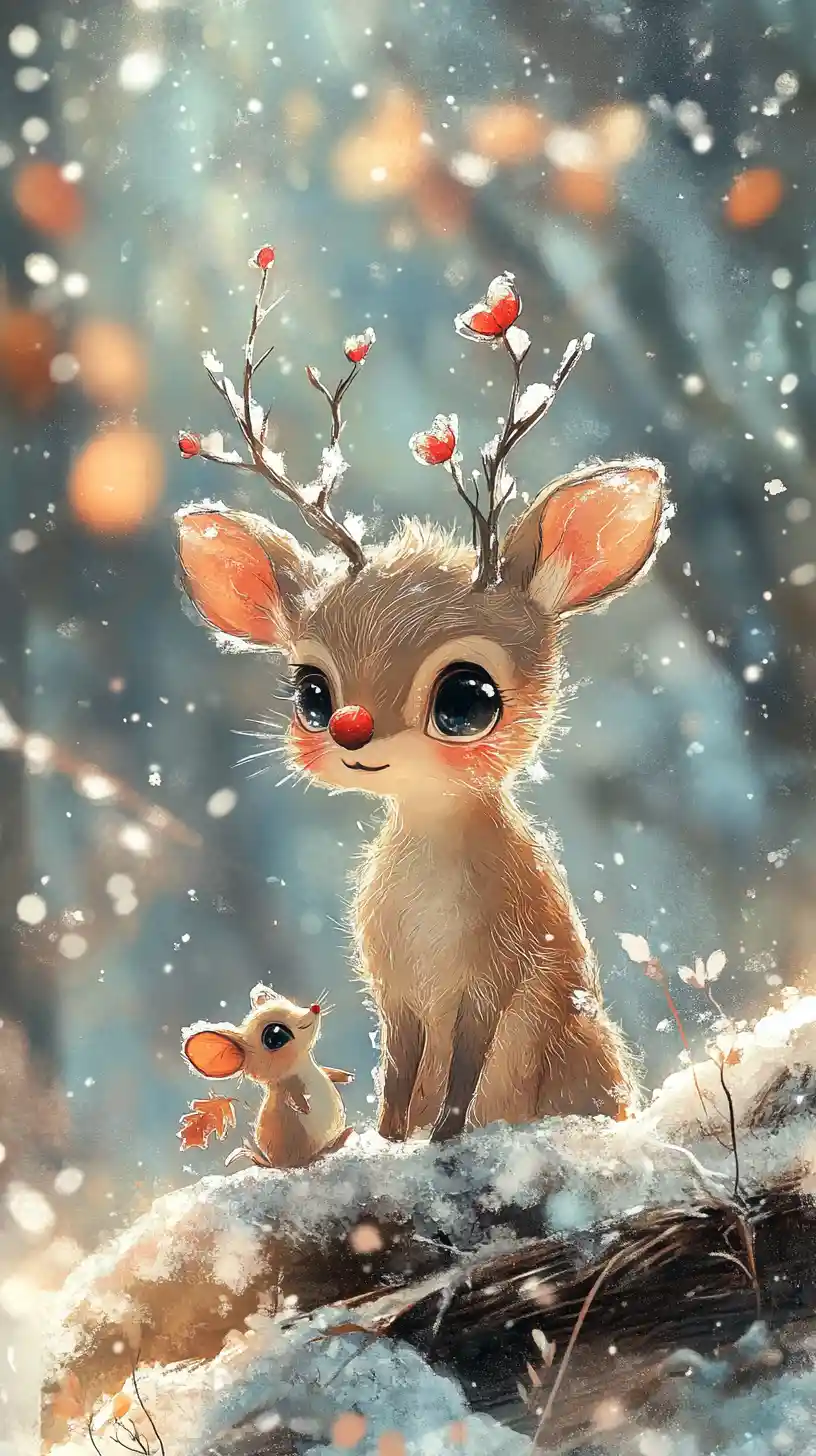 Cute chibi reindeer on a winter forest tree root