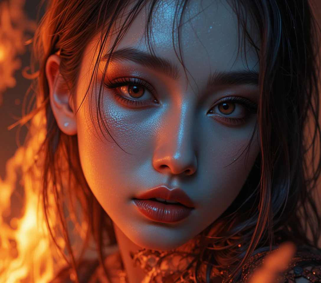 Intense cinematic portrait of a woman in surreal fashion