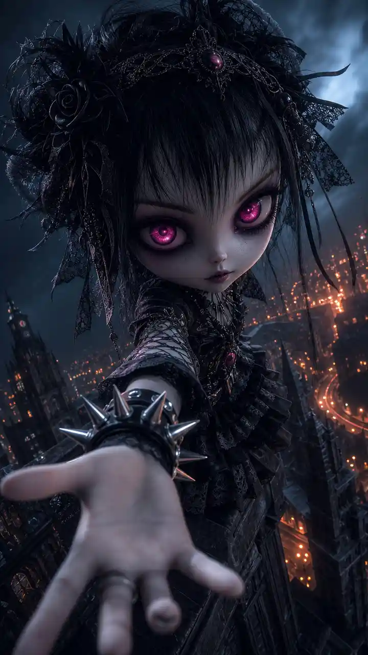 Goth girl above glowing night city with magenta eyes