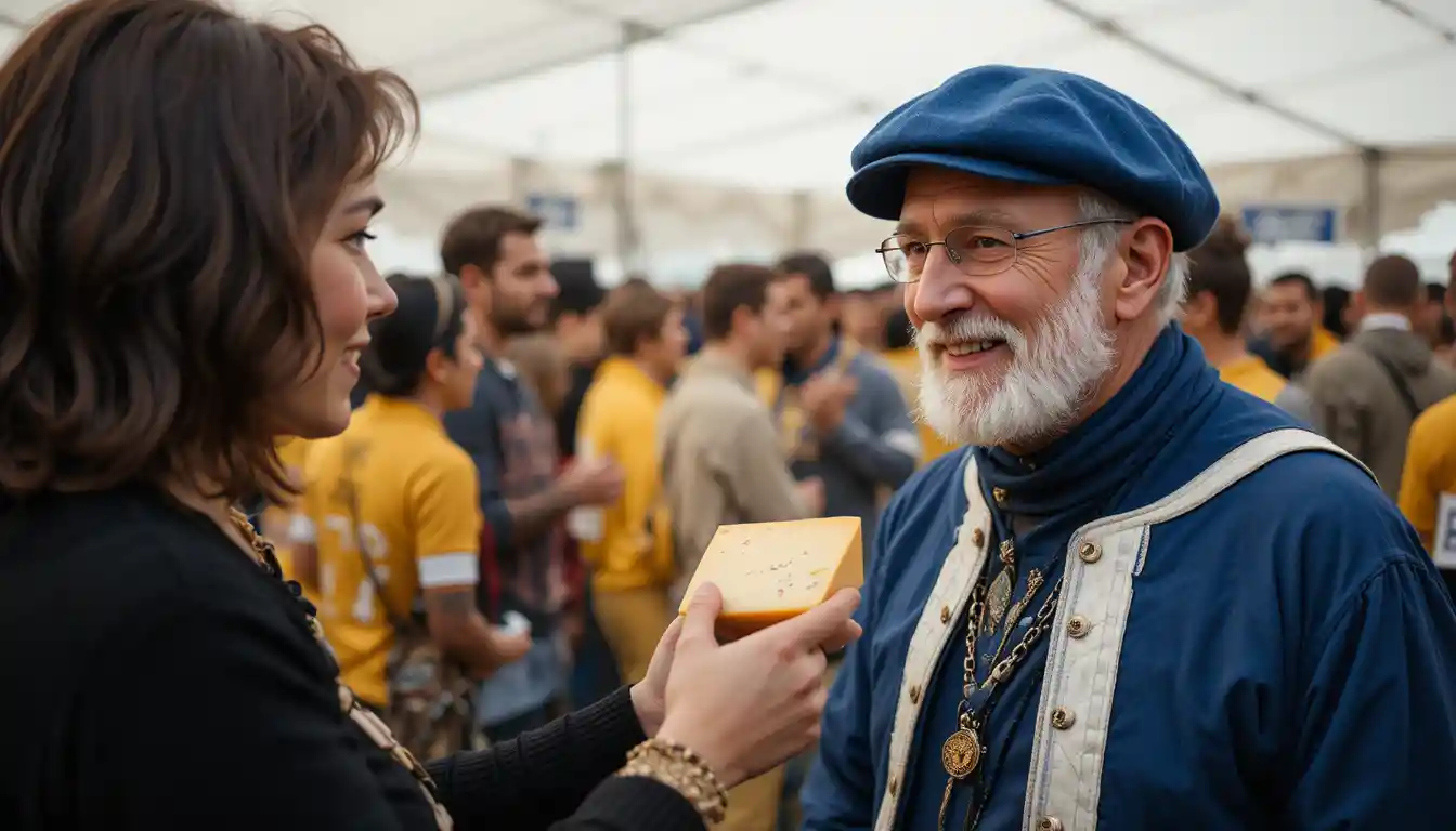 Journalist interviewing older man at outdoor market event