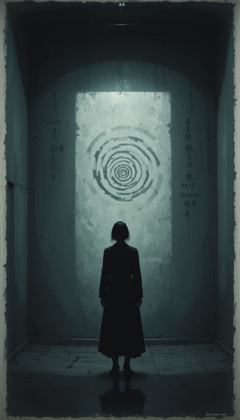 Solitary figure facing away in a dim empty room
