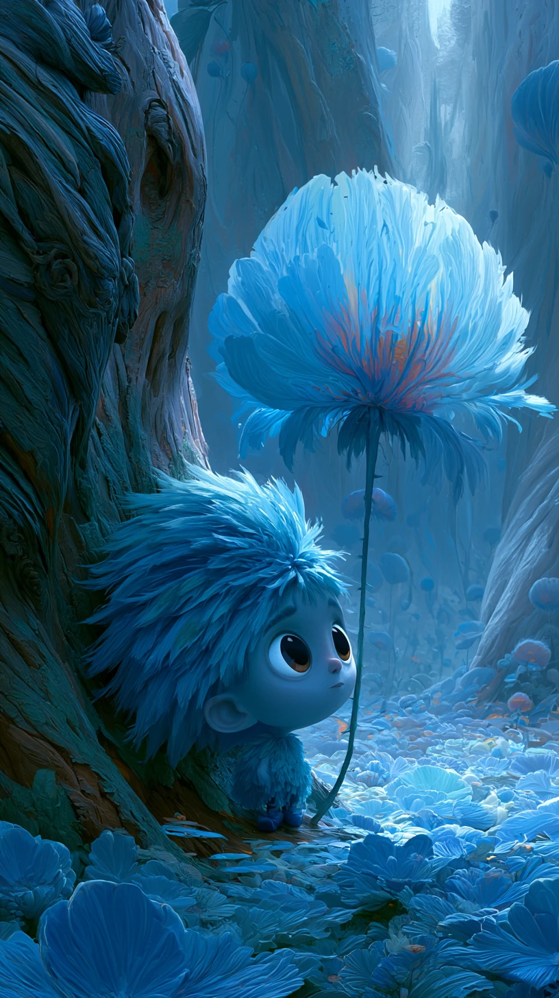 Tiny blue haired creature under a single blue forest flower