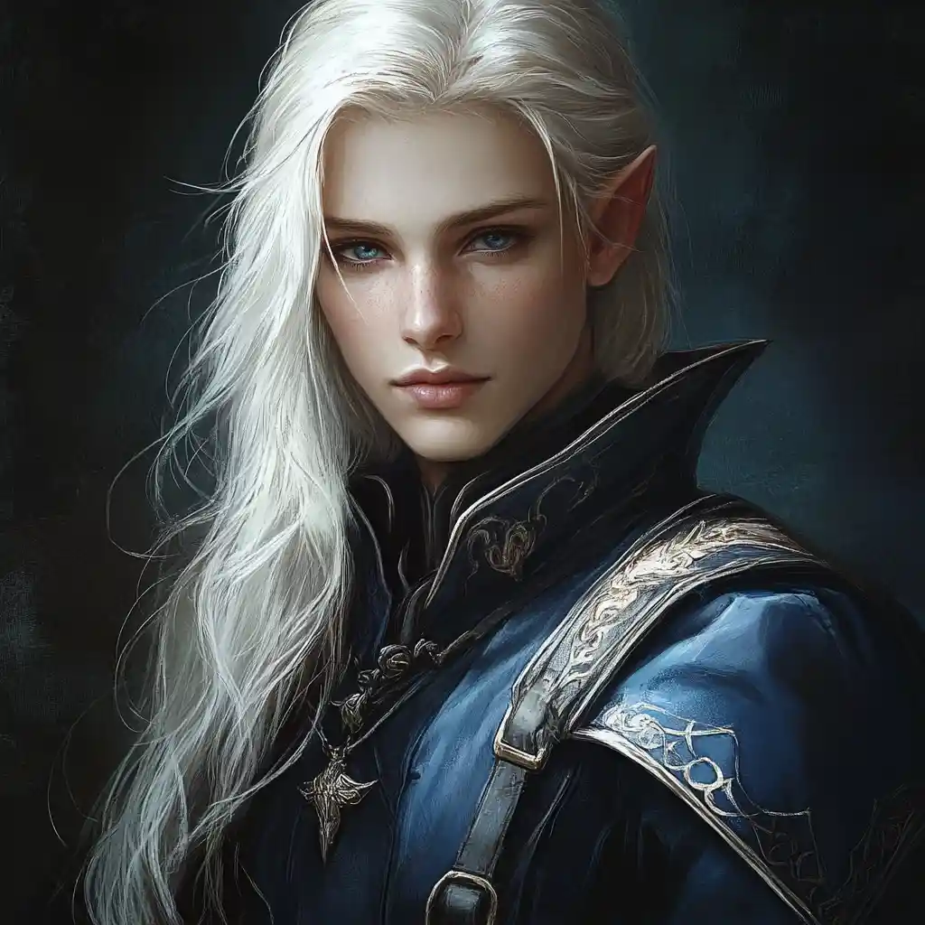 Elegant elf falconer in a royal blue leather coat