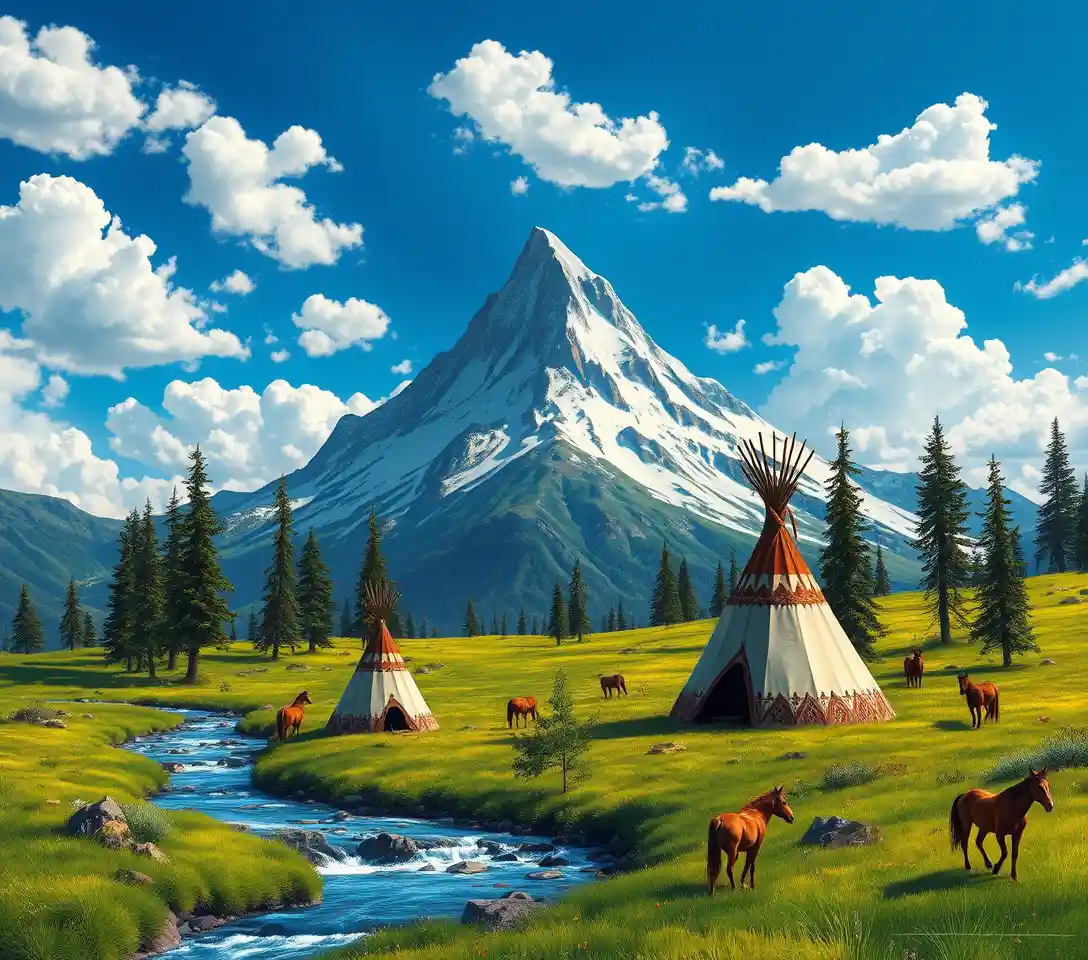 Tranquil mountain valley with tipis beside a flowing stream
