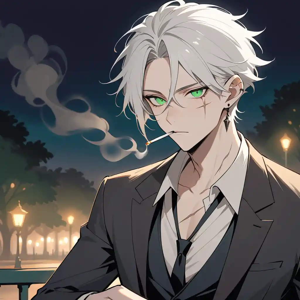 White haired man in a black suit smoking at night