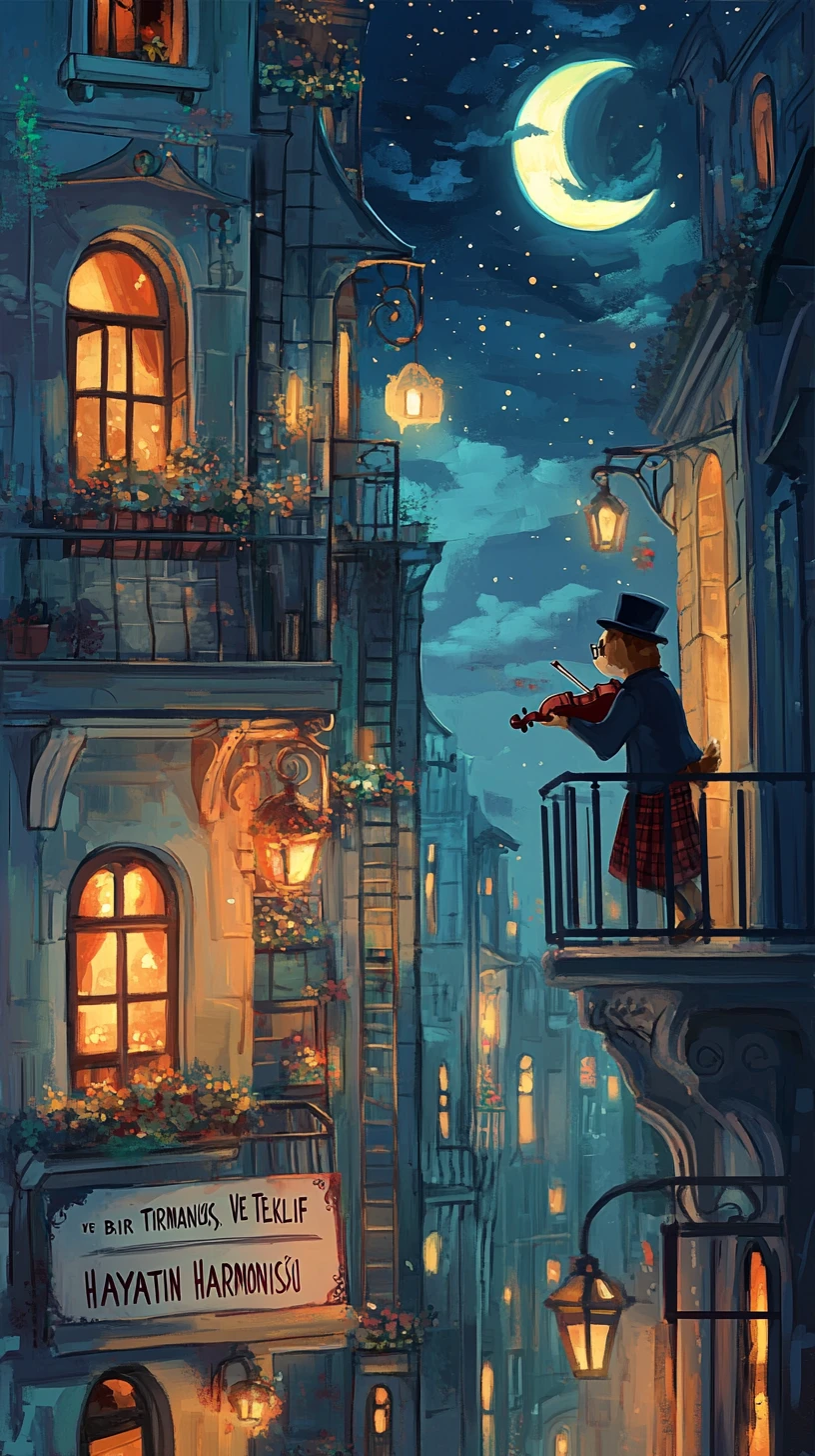 Tabby cat with glasses on a moonlit city balcony